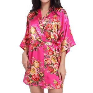 Floral Satin Kimono Robe - Hot Pink One Size